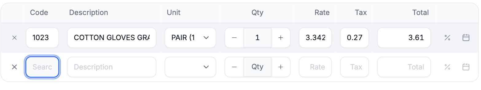 The new line buttons on a purchase row